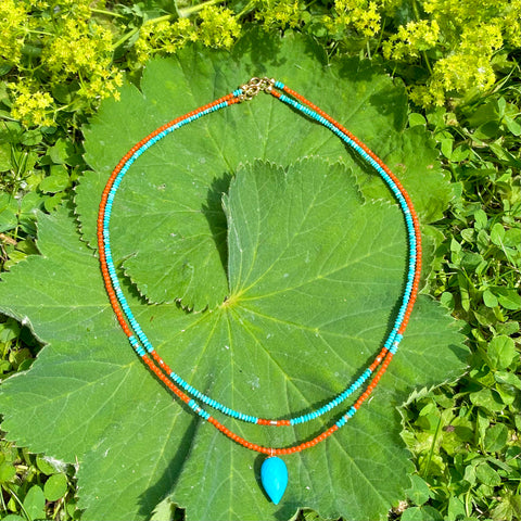 Turquoise & coral necklaces in yellow gold