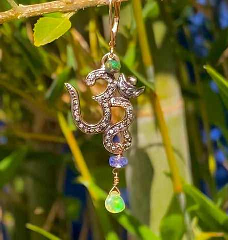 Diamond Om earring with tanzanite & opals
