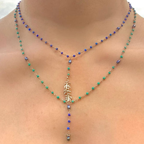 Turquoise & lapis lazuli diamond feather necklace