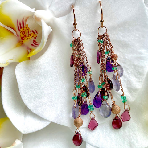 Rose gold, emerald & gemstone waterfall earrings