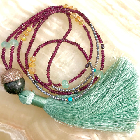Carved Tahitian pearl gemstone tassel necklace