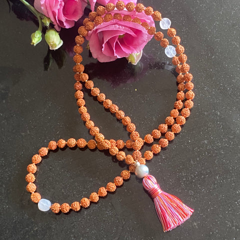 Pearl, rose quartz & rudraksha 108 bead mala