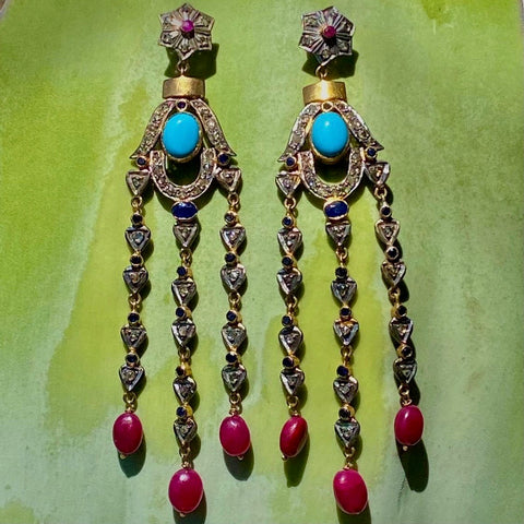 Antique diamond, sapphire, ruby & turquoise earrings