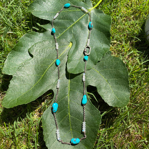 Turquoise, moonstone & diamond carabiner necklace