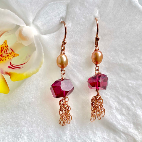 Garnet, pearl & rose gold tassel earrings