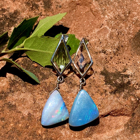 Opal & quartz crystal silver earrings