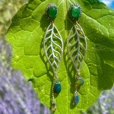 Emerald, diamond & opal leaf earrings