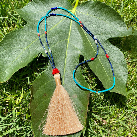 Cinnabar lotus & turquoise tassel necklace
