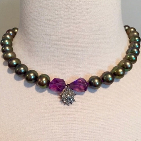 Pearl, amethyst & diamond sunburst necklace