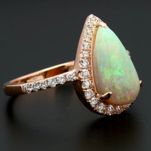 Opal pear & diamond rose gold ring