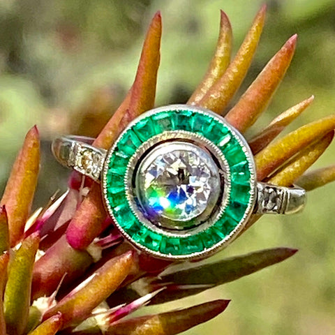 Antique emerald & diamond target ring