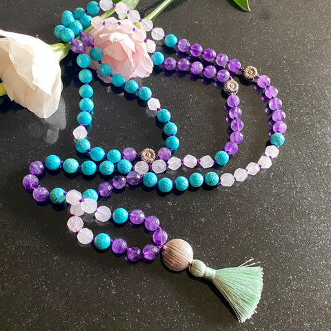 Turquoise, rose quartz & amethyst 108 bead mala