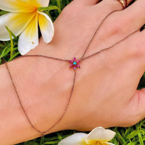 Ruby & turquoise flower hand bracelet