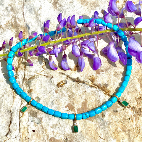 Turquoise necklace with emeralds & diamonds