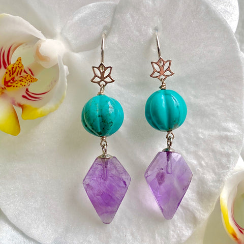 Antique turquoise & amethyst lotus earrings