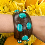 Extra wide wood bangle with large turquoise stones