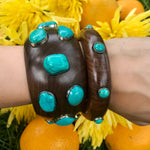 Extra wide wood bangle with large turquoise stones