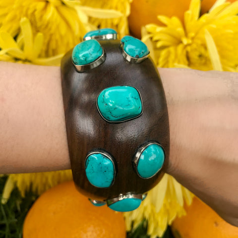 Extra wide wood bangle with large turquoise stones