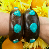 Wide wood bangle with large turquoise stones