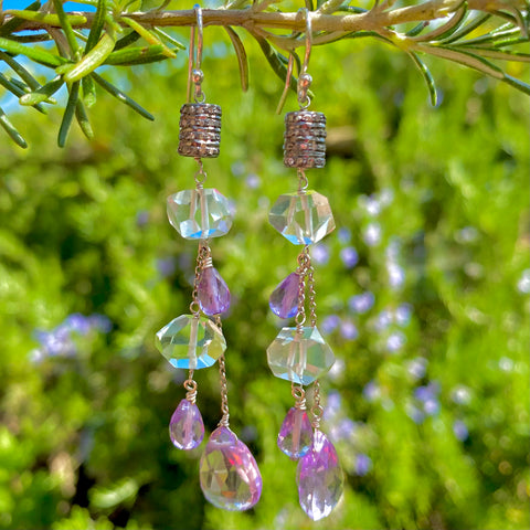 Green & lilac amethyst diamond earrings