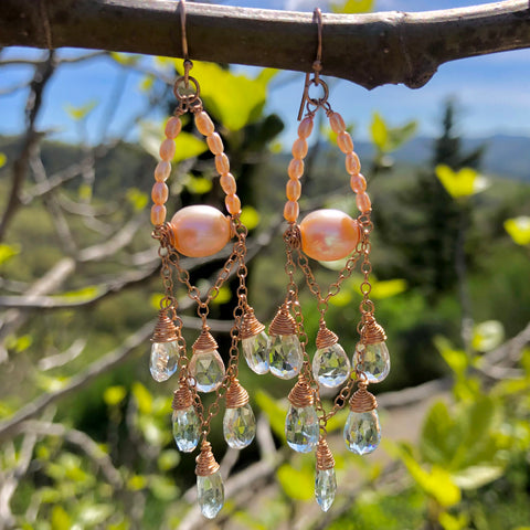Aquamarine & peach pearl earrings