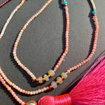 Coral, opal, turquoise & garnet tassel necklace