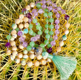 Aventurine, amethyst & peacock shell 108 bead mala