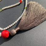 Pearl, peridot, coral & cinnabar tassel necklace