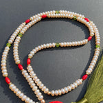 Pearl, coral, peridot & cinnabar tassel necklace