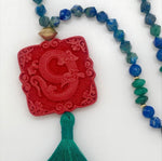 Cinnabar, azurite & jade tassel necklace