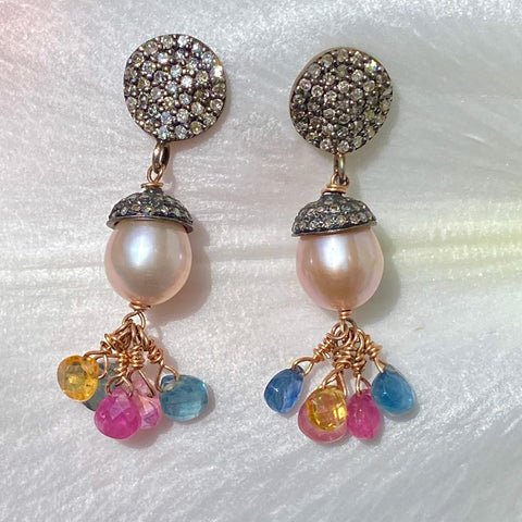 Pearl & diamond earrings with sapphire drops