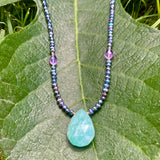 Amazonite, amethyst, tanzanite, black pearl necklace