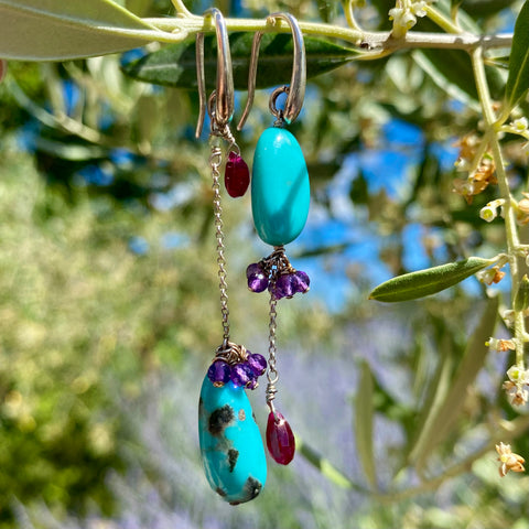 Turquoise, ruby & amethyst earrings