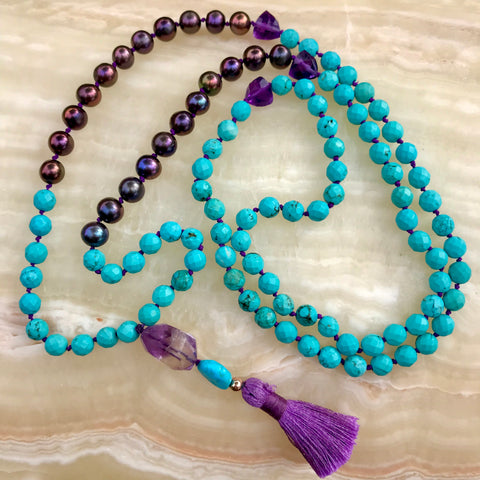 Turquoise, amethyst & pearl 108 bead mala