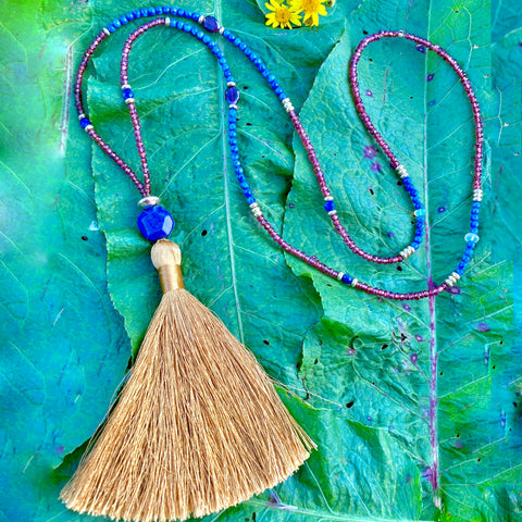 Garnet, lapis & opal silk tassel necklace