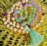 Aventurine, amethyst & peacock shell 108 bead mala