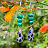 Sapphire, diamond & malachite earrings