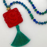 Cinnabar, azurite & jade tassel necklace