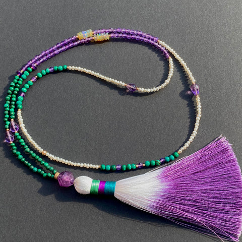 Malachite, amethyst & opal tassel necklace