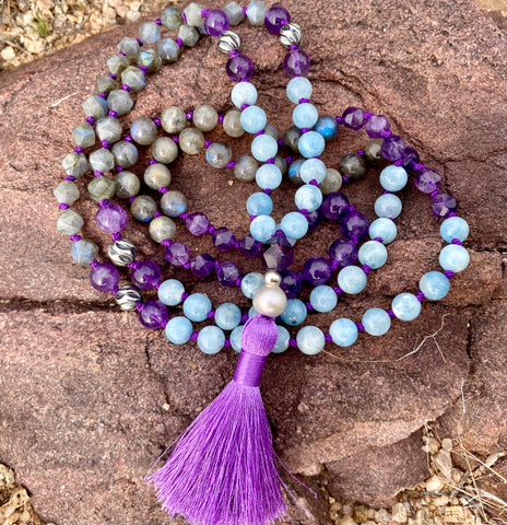 Labradorite, amethyst & aquamarine 108 bead mala