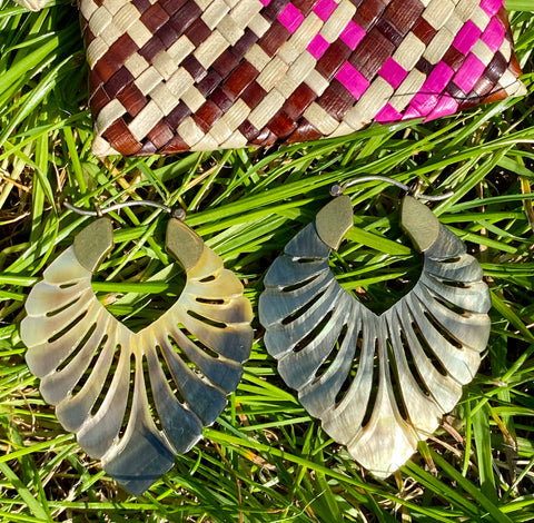 Balinese carved shell fan earrings