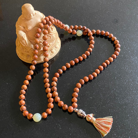 Carved jade & bayong wood 108 bead mala