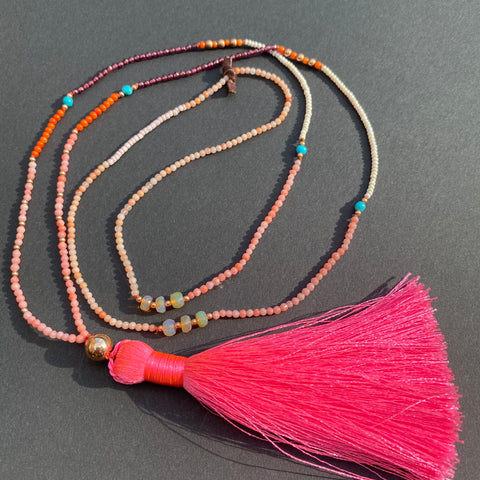 Coral, opal, turquoise & garnet tassel necklace