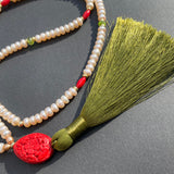 Pearl, coral, peridot & cinnabar tassel necklace