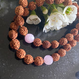 Rudraksha & kunzite 108 bead mala with Cinnabar lotus