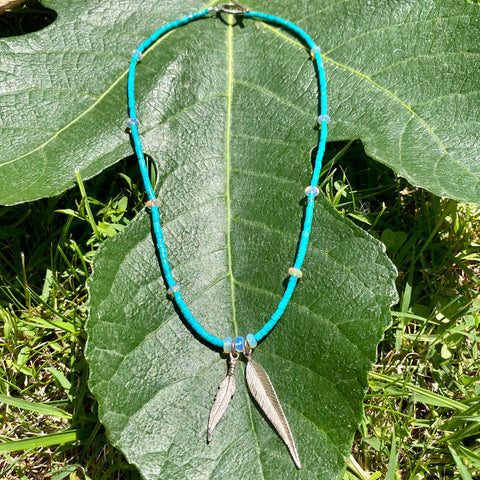 Turquoise & opal feather necklace