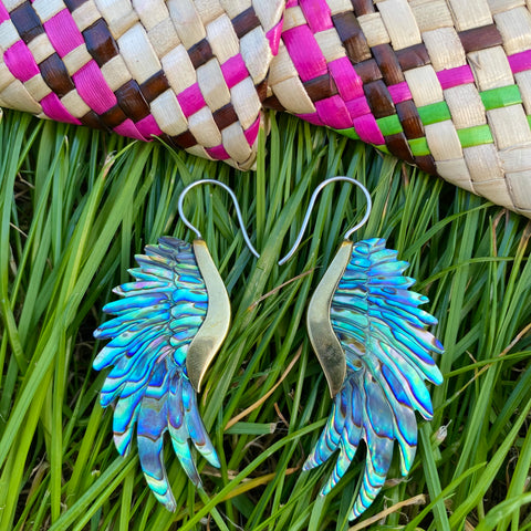 Carved abalone Shell Balinese feather earrings