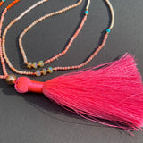 Coral, opal, turquoise & garnet tassel necklace