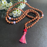 Rudraksha & kunzite 108 bead mala with Cinnabar lotus