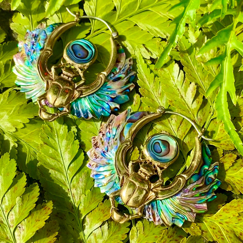 Balinese carved abalone shell scarab earrings